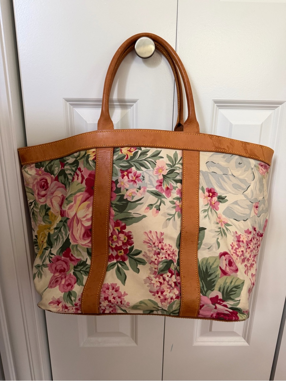 Vintage Ralph Lauren Floral Canvas and Leather Tote Bag - Picture 2 of 7